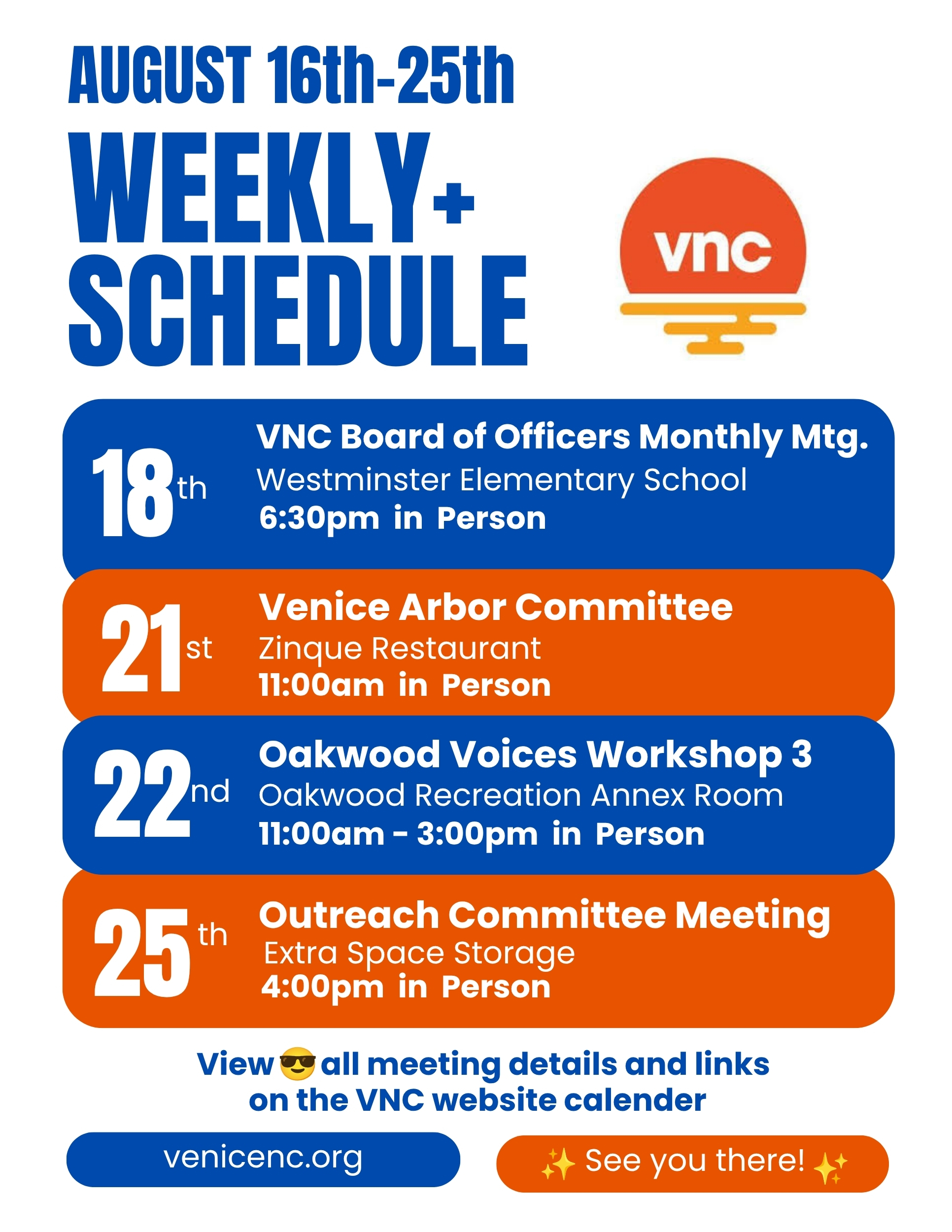 🗓️WEEKLY SCHEDULE: AUGUST Sunday the 16th - Tuesday the 25th 2026